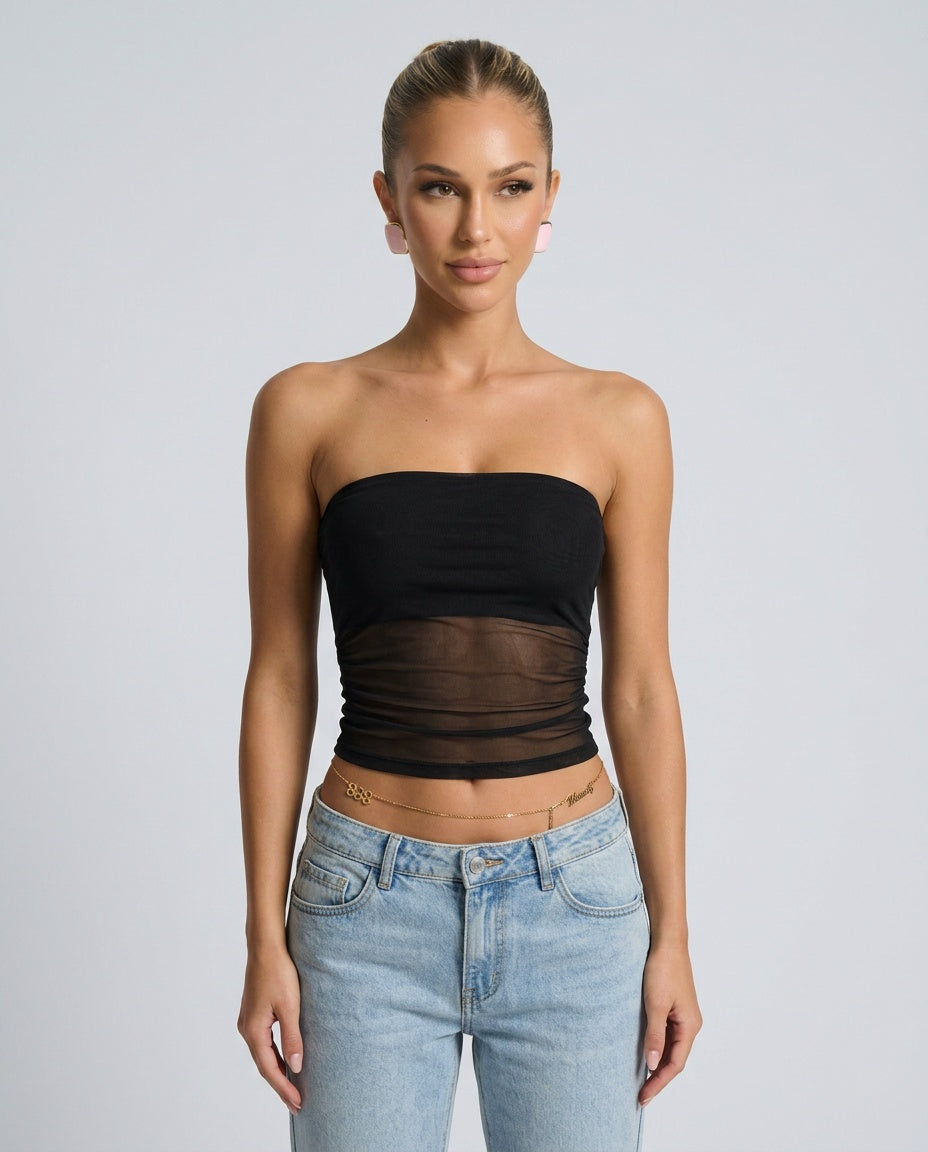 Women's Strapless Mesh Panel Crop Top – Fitted Bandeau Tube Top for Evening