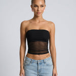 Women's Strapless Mesh Panel Crop Top – Fitted Bandeau Tube Top for Evening