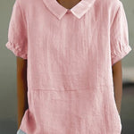 Women's Linen Peter Pan Collar Blouse – Relaxed Short Sleeve Summer Top