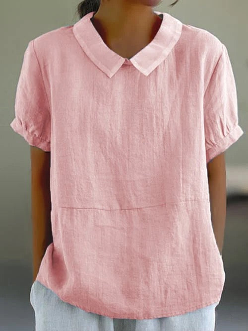 Women's Linen Peter Pan Collar Blouse – Relaxed Short Sleeve Summer Top