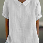 Women's Linen Peter Pan Collar Blouse – Relaxed Short Sleeve Summer Top