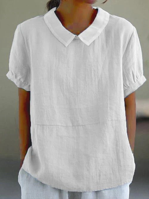 Women's Linen Peter Pan Collar Blouse – Relaxed Short Sleeve Summer Top