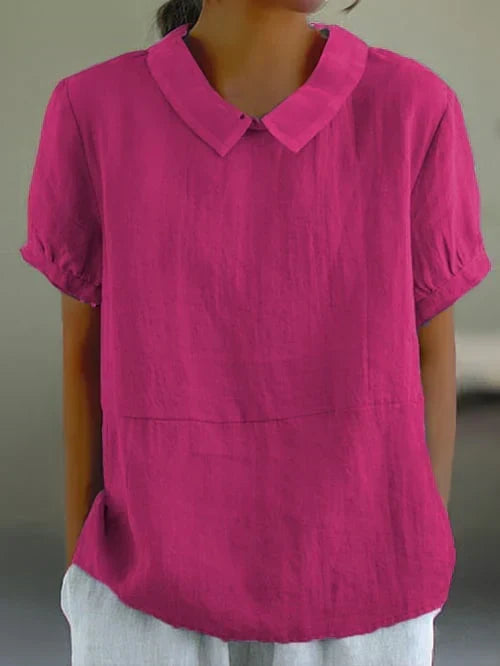 Women's Linen Peter Pan Collar Blouse – Relaxed Short Sleeve Summer Top