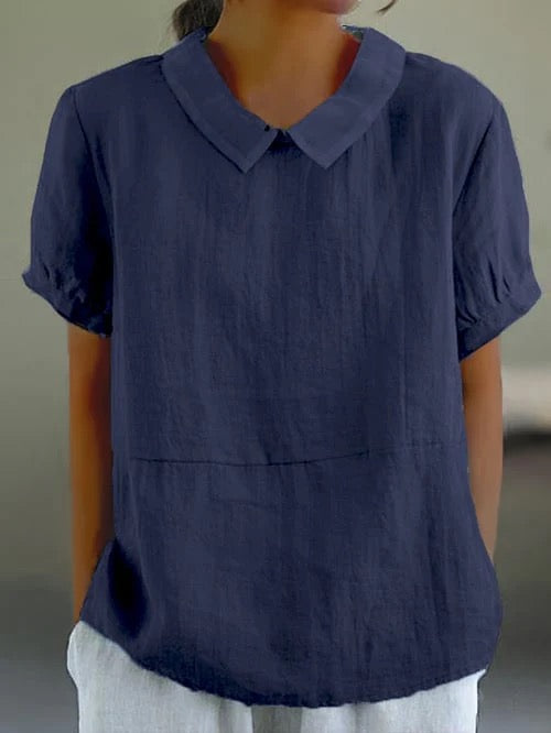 Women's Linen Peter Pan Collar Blouse – Relaxed Short Sleeve Summer Top