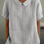 Women's Linen Peter Pan Collar Blouse – Relaxed Short Sleeve Summer Top