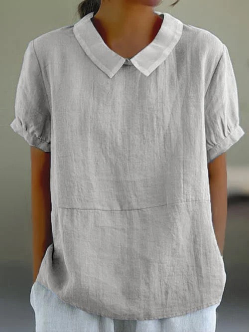 Women's Linen Peter Pan Collar Blouse – Relaxed Short Sleeve Summer Top