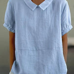 Women's Linen Peter Pan Collar Blouse – Relaxed Short Sleeve Summer Top