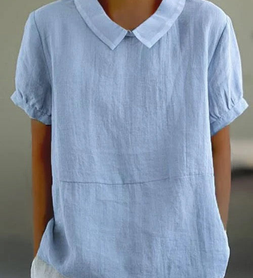 Women's Linen Peter Pan Collar Blouse – Relaxed Short Sleeve Summer Top