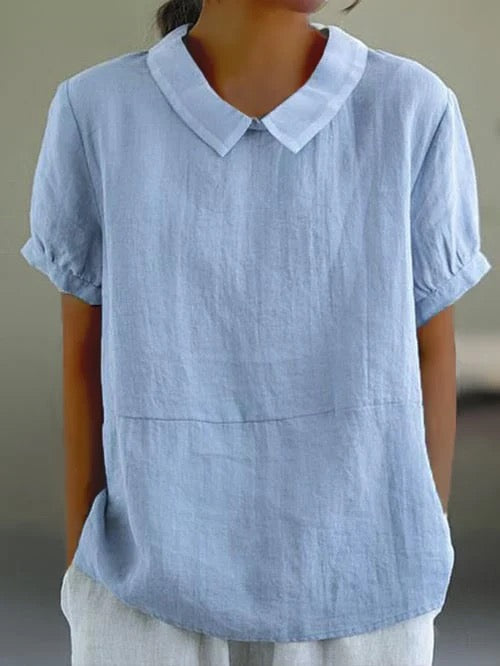 Women's Linen Peter Pan Collar Blouse – Relaxed Short Sleeve Summer Top