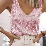 Women's Glitter Sequin V-Neck Tank Top with Wide Straps – Party, Evening & Night Out Top