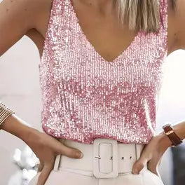 Women's Glitter Sequin V-Neck Tank Top with Wide Straps – Party, Evening & Night Out Top