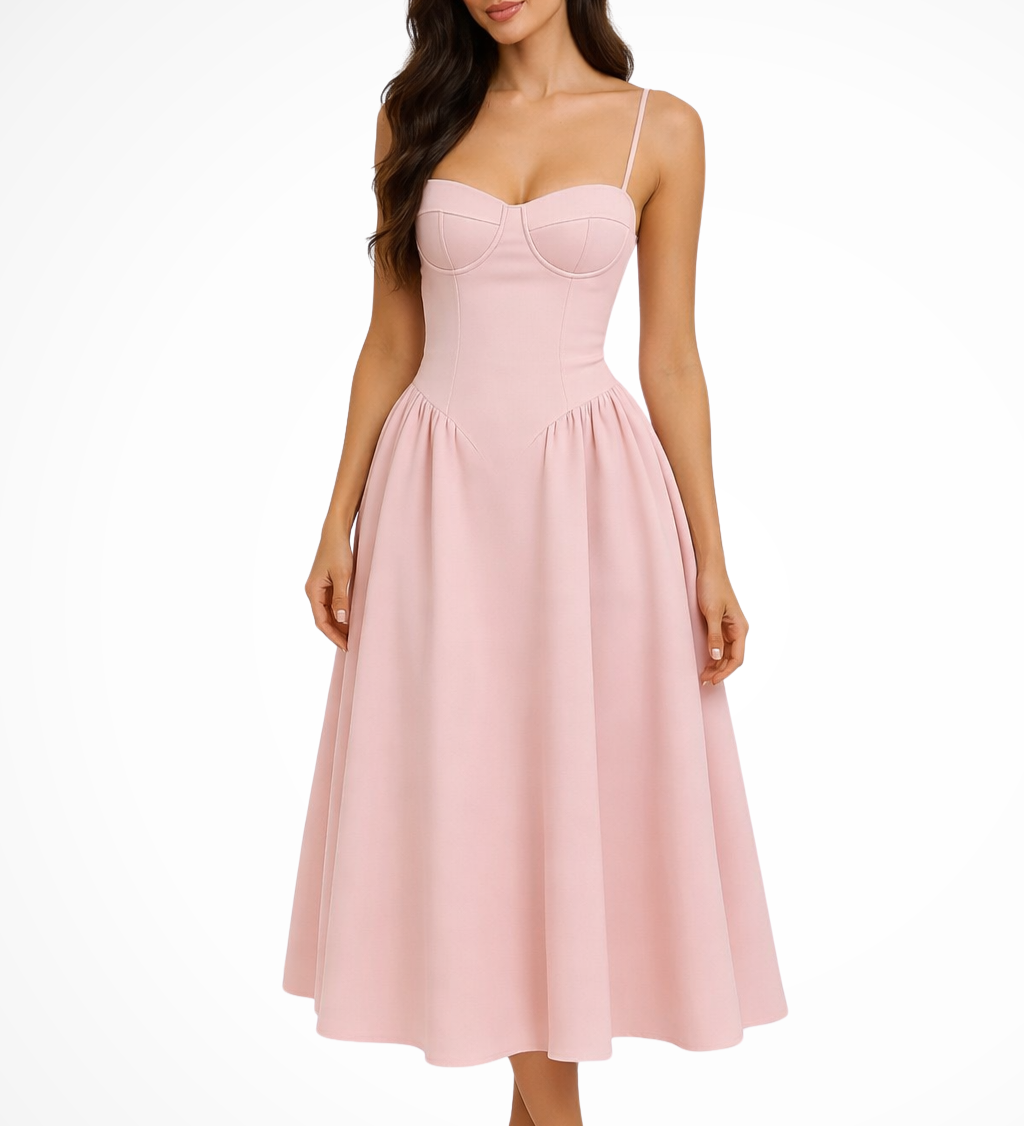 Women's Corset Bodice A-Line Midi Dress – Pink Occasion Dress for Weddings & Race Days