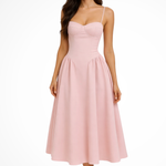 Women's Corset Bodice A-Line Midi Dress – Pink Occasion Dress for Weddings & Race Days