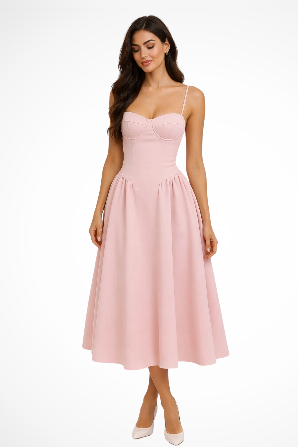 Women's Corset Bodice A-Line Midi Dress – Pink Occasion Dress for Weddings & Race Days