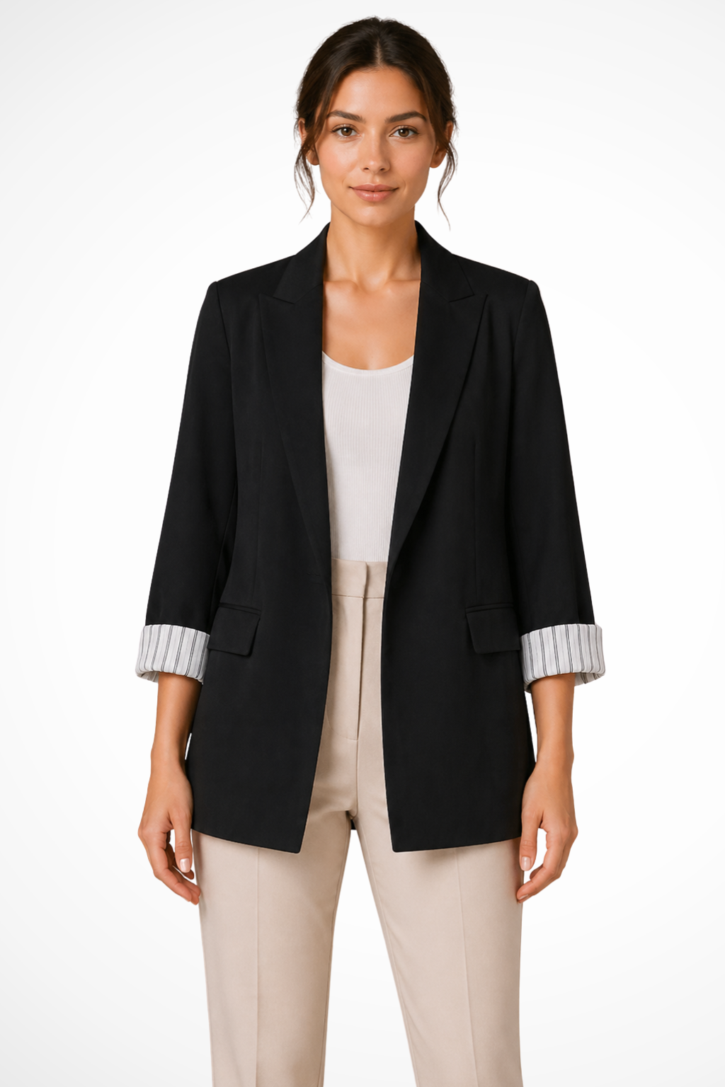 Women's Oversized Lapel Blazer with Striped Cuffs – Relaxed Smart Casual Jacket