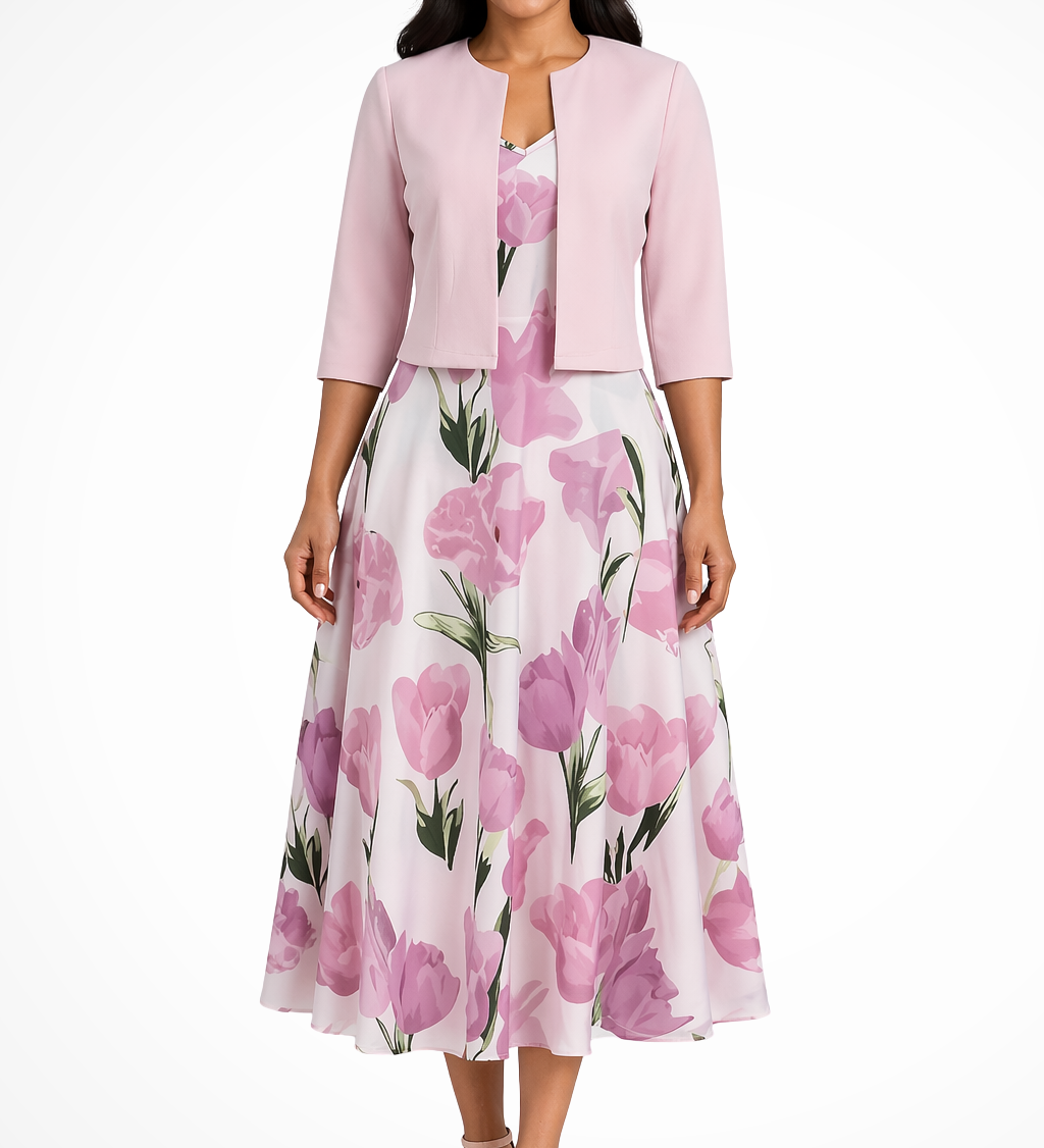 Women's Floral Maxi Dress & Cropped Jacket Two-Piece Set – Wedding Guest Outfit