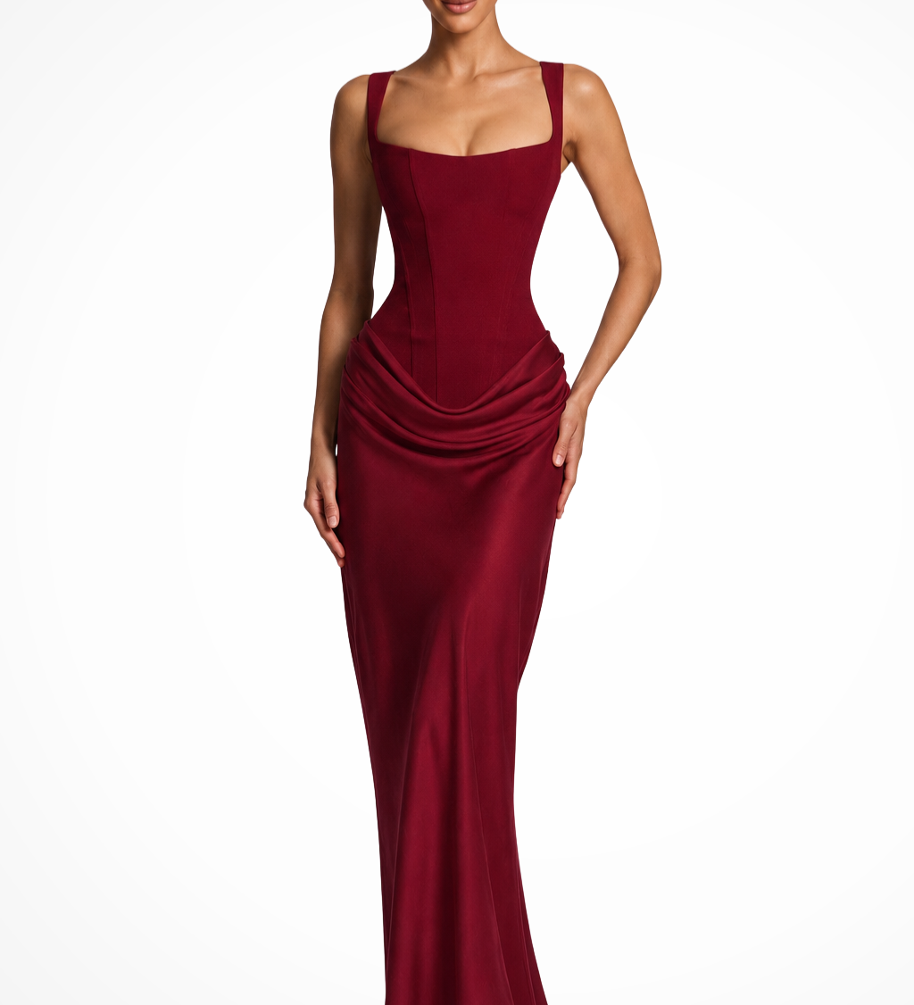 Women's Square Neck Corset Draped Maxi Dress – Formal Wedding Guest and Occasion Dress