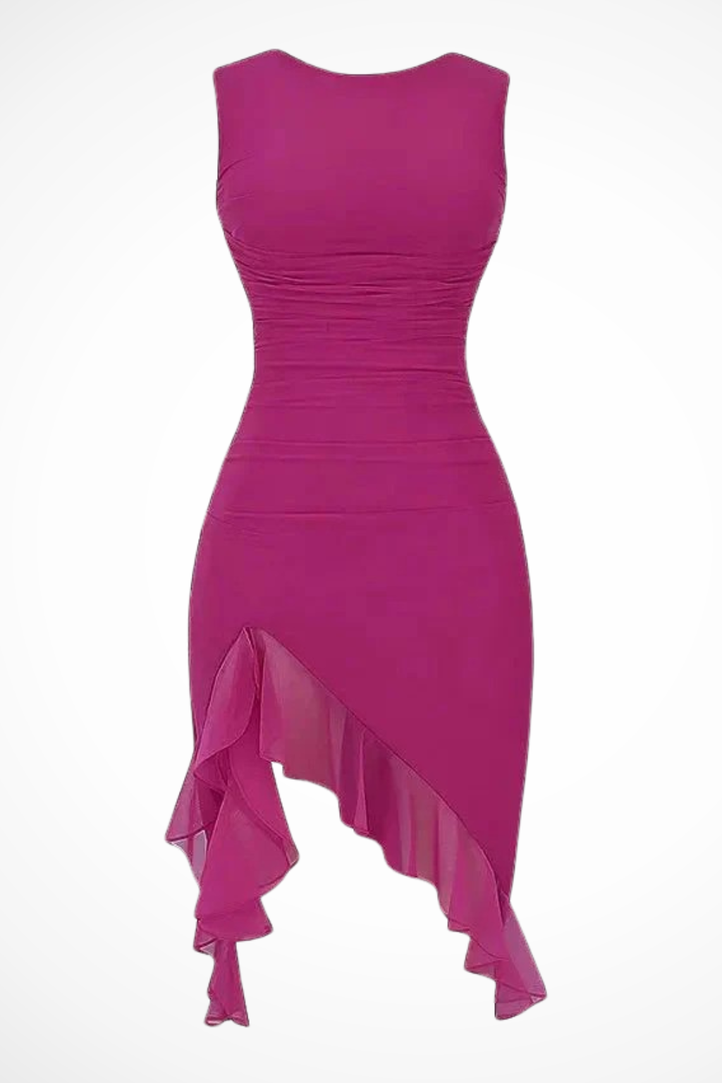 Women's Ruched Mesh Midi Dress with Asymmetric Ruffle Hem – Sleeveless Evening & Event Dress