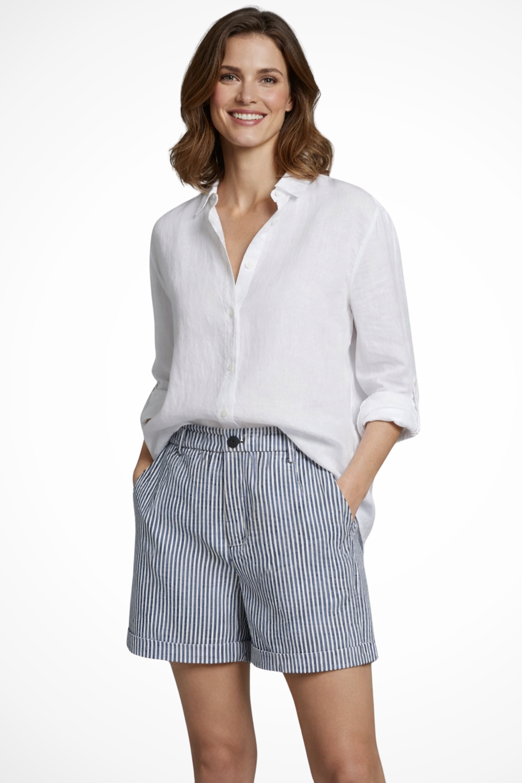 Women's Striped High-Waist Tailored Shorts with Button Front – Turn-Up Hem Summer Shorts