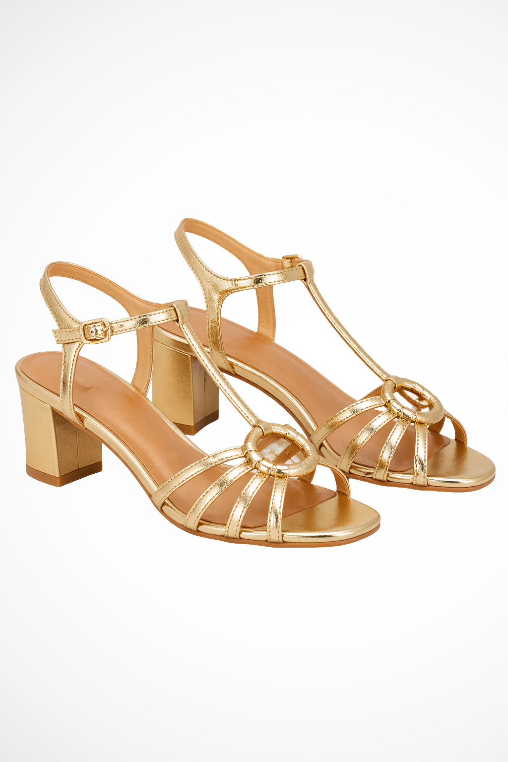 Women's Knotted Strappy Block Heels with Ankle Strap – Gold Occasion Heels for Weddings
