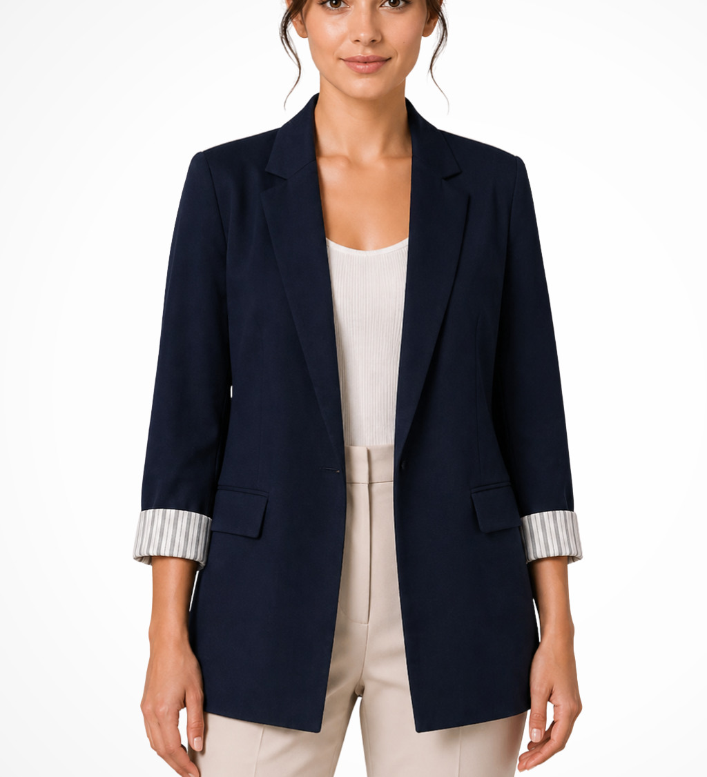 Women's Oversized Lapel Blazer with Striped Cuffs – Relaxed Smart Casual Jacket