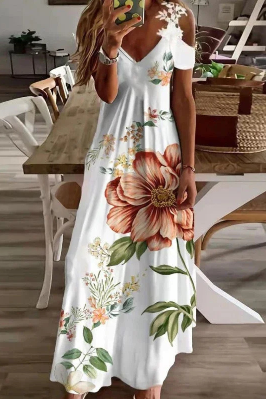 Women's Floral Cold-Shoulder Maxi Dress with V-Neck – Flowing Summer Dress for Beach & Holidays