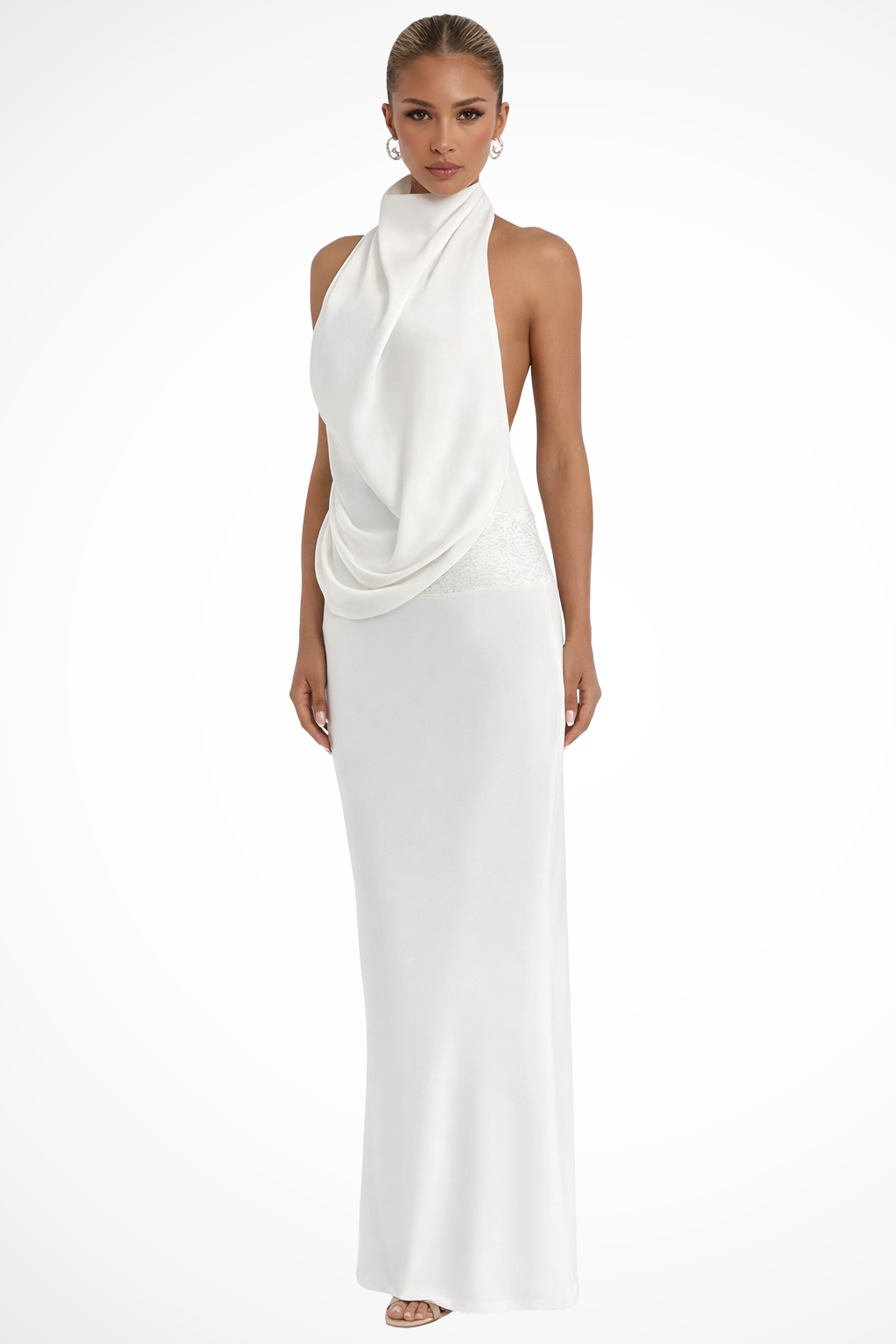 Women's Halter Neck Draped Satin Maxi Dress – Open Back Formal & Wedding Guest Gown