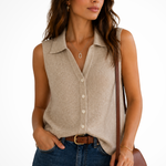 Women's Sleeveless Ribbed Knit Cardigan with Collar & Button Front – Summer Knit Vest Top