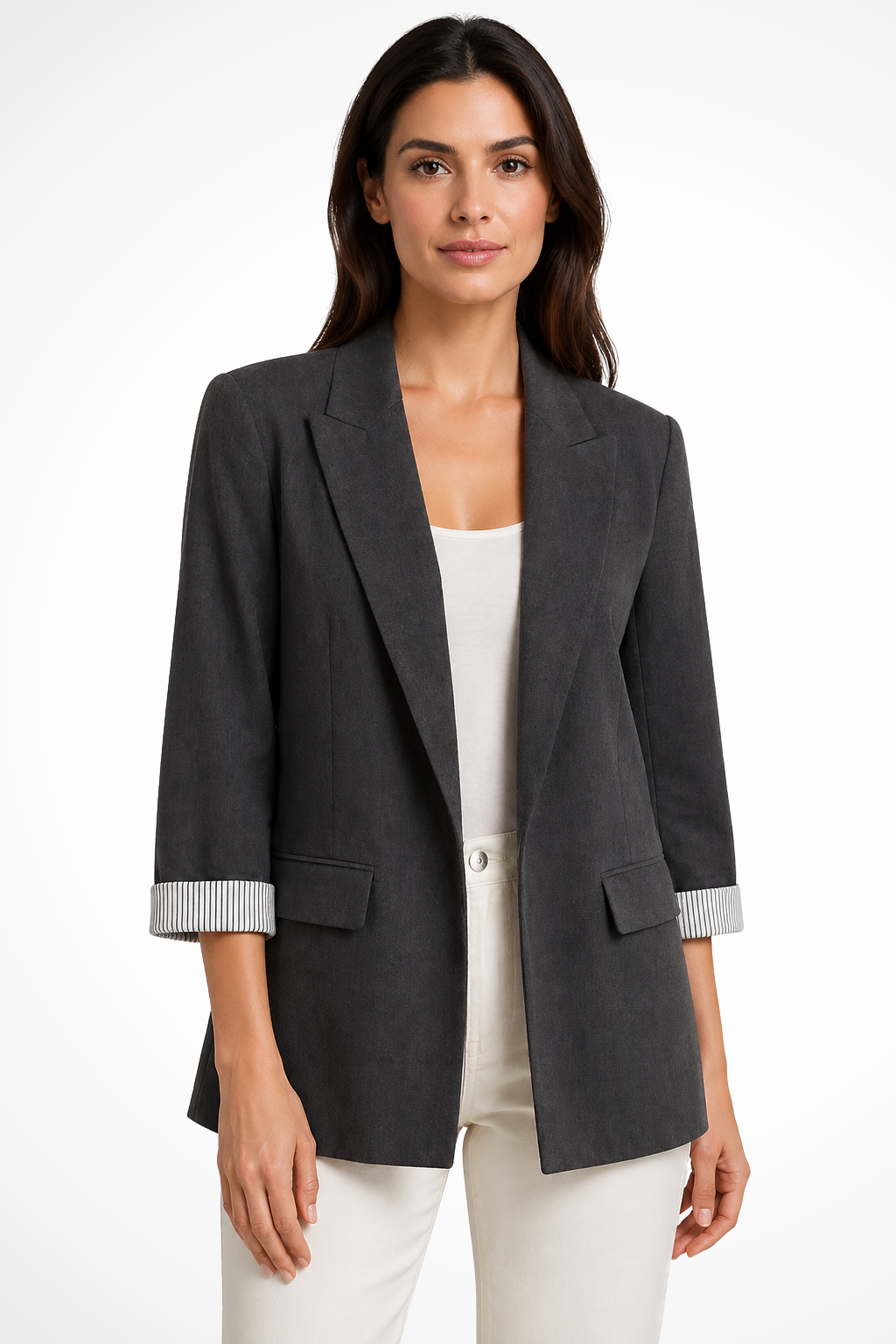 Women's Oversized Lapel Blazer with Striped Cuffs – Relaxed Smart Casual Jacket
