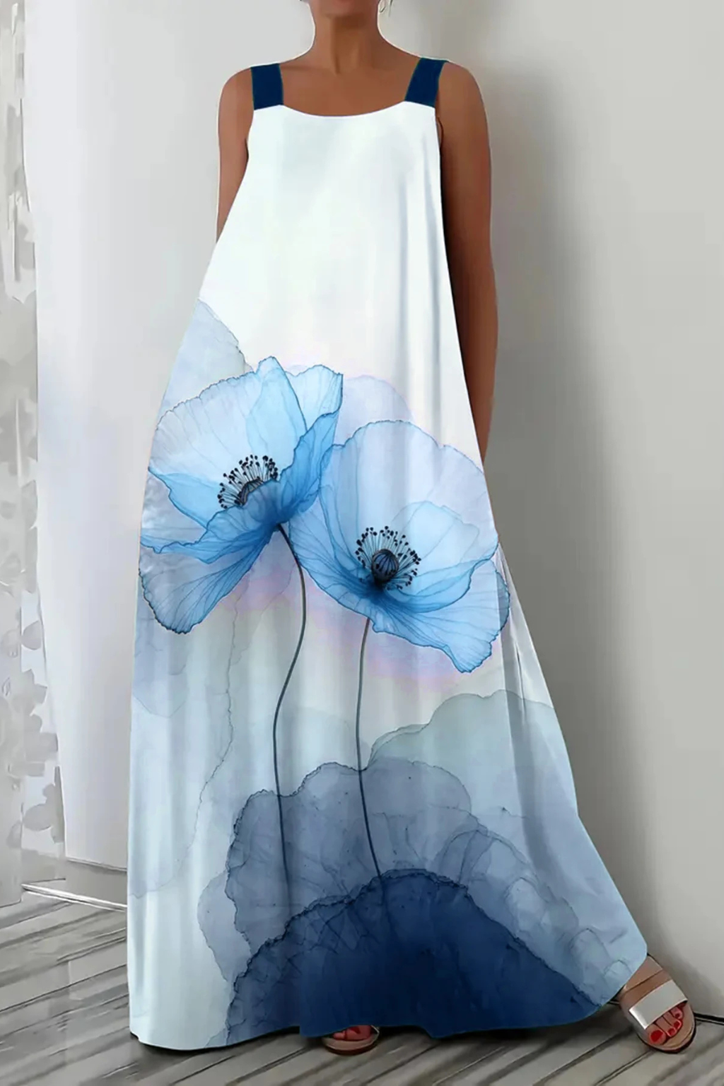 Women's Floral Print Sleeveless Maxi Dress – A-Line Summer Dress with Wide Straps