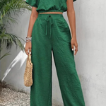 Women's Cropped Top & Wide-Leg Pants Set – Relaxed Two-Piece Co-ord with Drawstring Waist