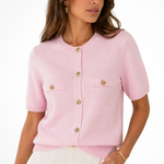 Women's Short Sleeve Knit Cardigan with Gold Buttons & Pockets – Round Neck Summer Layer