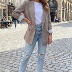 Women's Oversized Lapel Blazer with Striped Cuffs – Relaxed Smart Casual Jacket