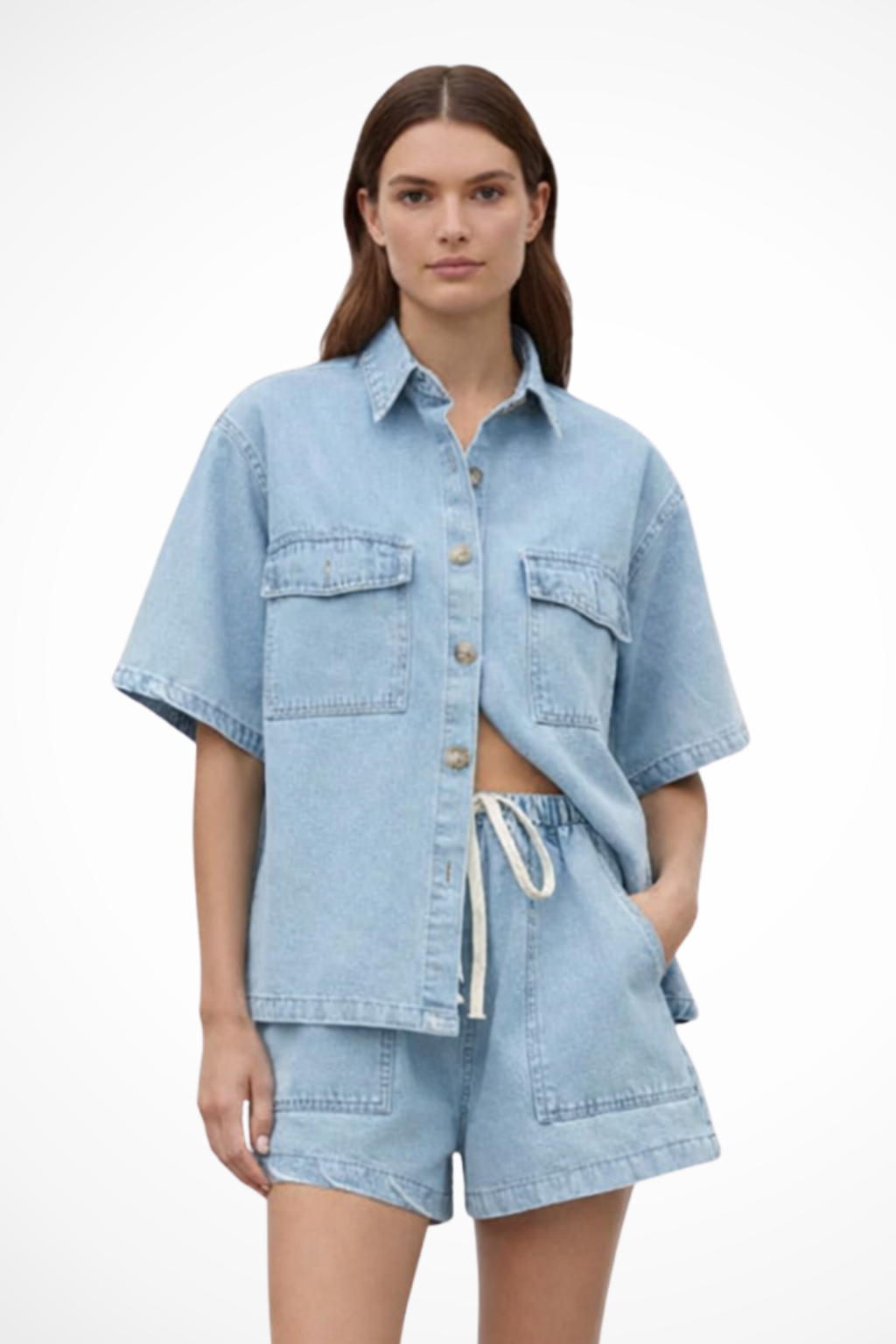 Women's Denim Shirt and Drawstring Shorts Set – Two-Piece Short Sleeve Summer Co-Ord