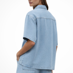 Women's Denim Shirt and Drawstring Shorts Set – Two-Piece Short Sleeve Summer Co-Ord