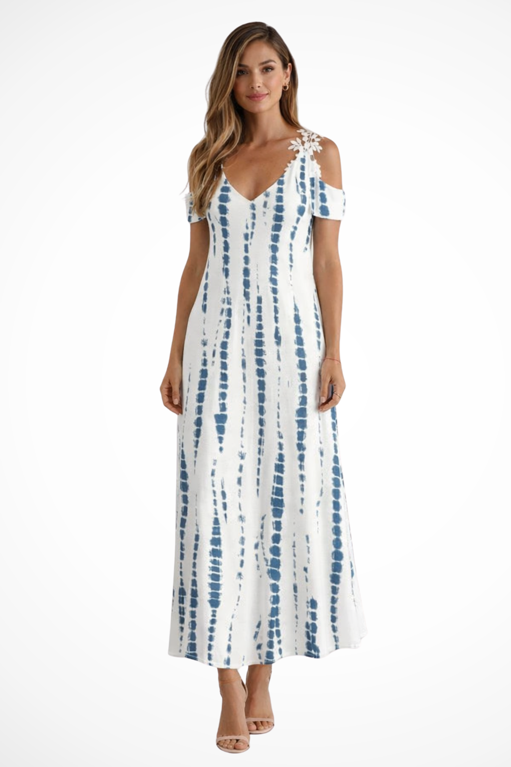 Women's Floral Cold-Shoulder Maxi Dress with V-Neck – Flowing Summer Dress for Beach & Holidays