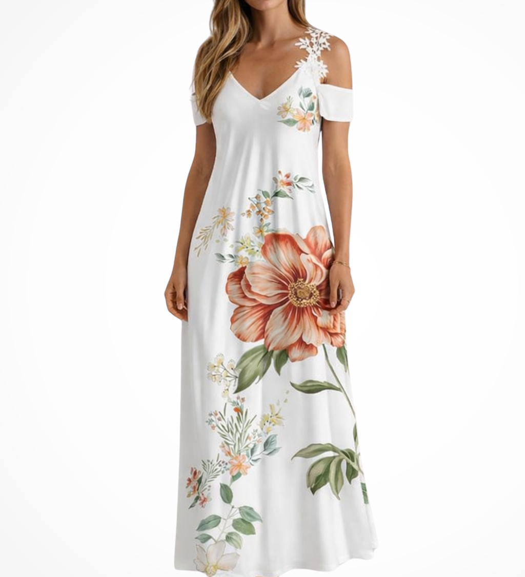 Women's Floral Cold-Shoulder Maxi Dress with V-Neck – Flowing Summer Dress for Beach & Holidays