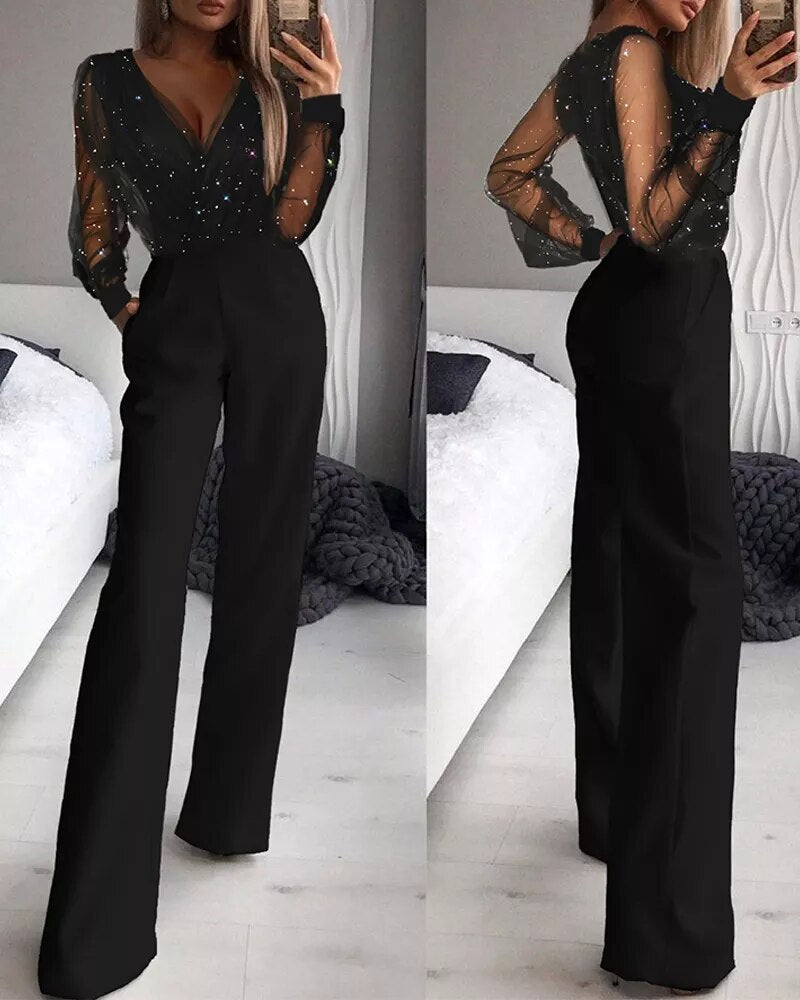 Women's Glitter Bodice Sleeveless Jumpsuit with Straight Legs – Elegant Party Jumpsuit