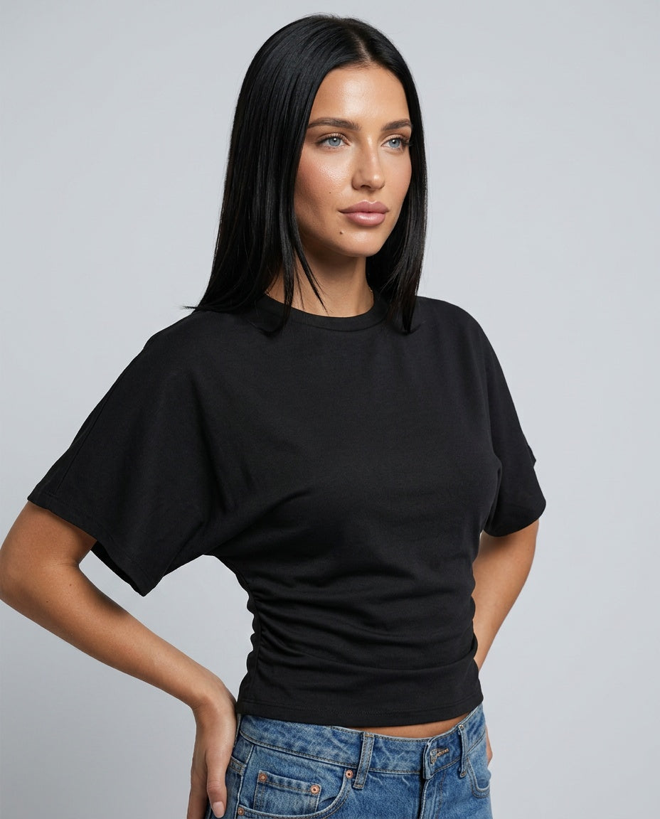 Women's Cropped Ruched Top with Wide Short Sleeves – Round-Neck Relaxed Summer Top