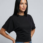 Women's Cropped Ruched Top with Wide Short Sleeves – Round-Neck Relaxed Summer Top