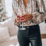 Women's Sequin V Neck Blouse with Long Puff Sleeves – Sparkly Party Top for Evenings Out