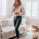 Women's Sequin V Neck Blouse with Long Puff Sleeves – Sparkly Party Top for Evenings Out