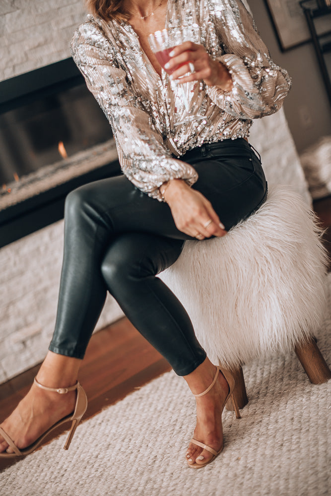 Women's Sequin V Neck Blouse with Long Puff Sleeves – Sparkly Party Top for Evenings Out