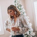 Women's Sequin V Neck Blouse with Long Puff Sleeves – Sparkly Party Top for Evenings Out