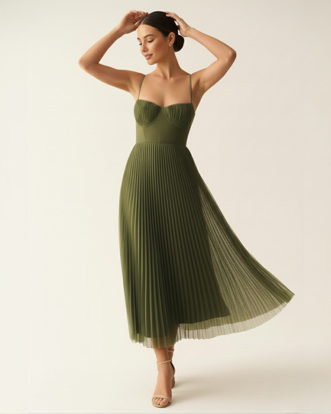 Women's Pleated Midi Dress with Corset Bodice & Spaghetti Straps – Wedding Guest & Garden Party