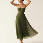 Women's Pleated Midi Dress with Corset Bodice & Spaghetti Straps – Wedding Guest & Garden Party