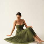 Women's Pleated Midi Dress with Corset Bodice & Spaghetti Straps – Wedding Guest & Garden Party