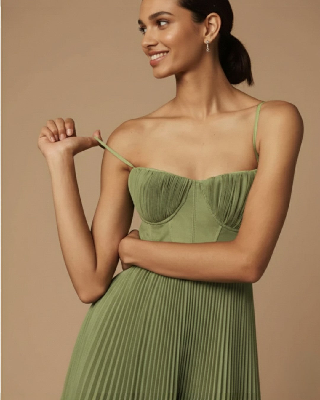 Women's Pleated Midi Dress with Corset Bodice & Spaghetti Straps – Wedding Guest & Garden Party