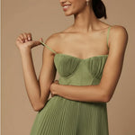 Women's Pleated Midi Dress with Corset Bodice & Spaghetti Straps – Wedding Guest & Garden Party