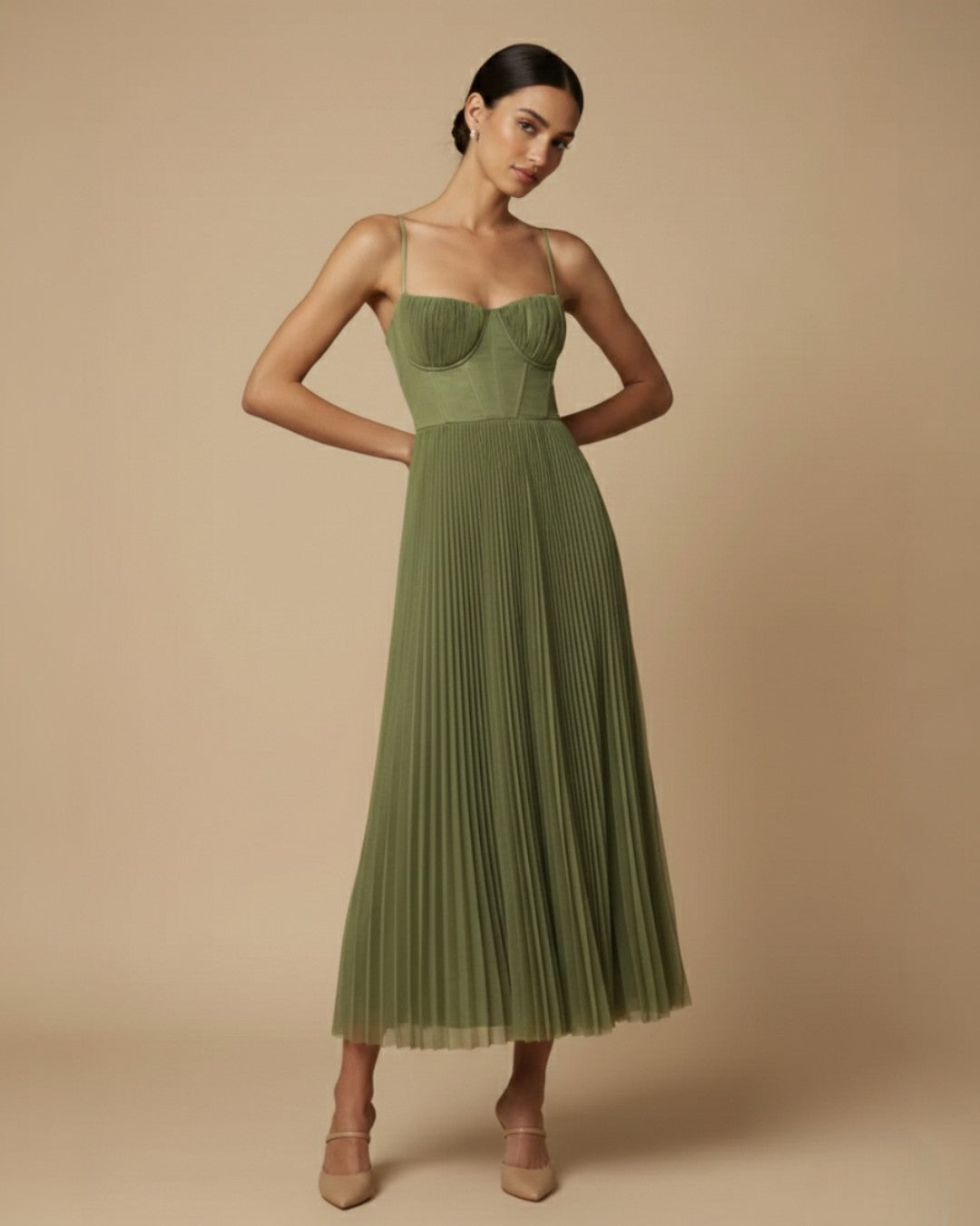 Women's Pleated Midi Dress with Corset Bodice & Spaghetti Straps – Wedding Guest & Garden Party